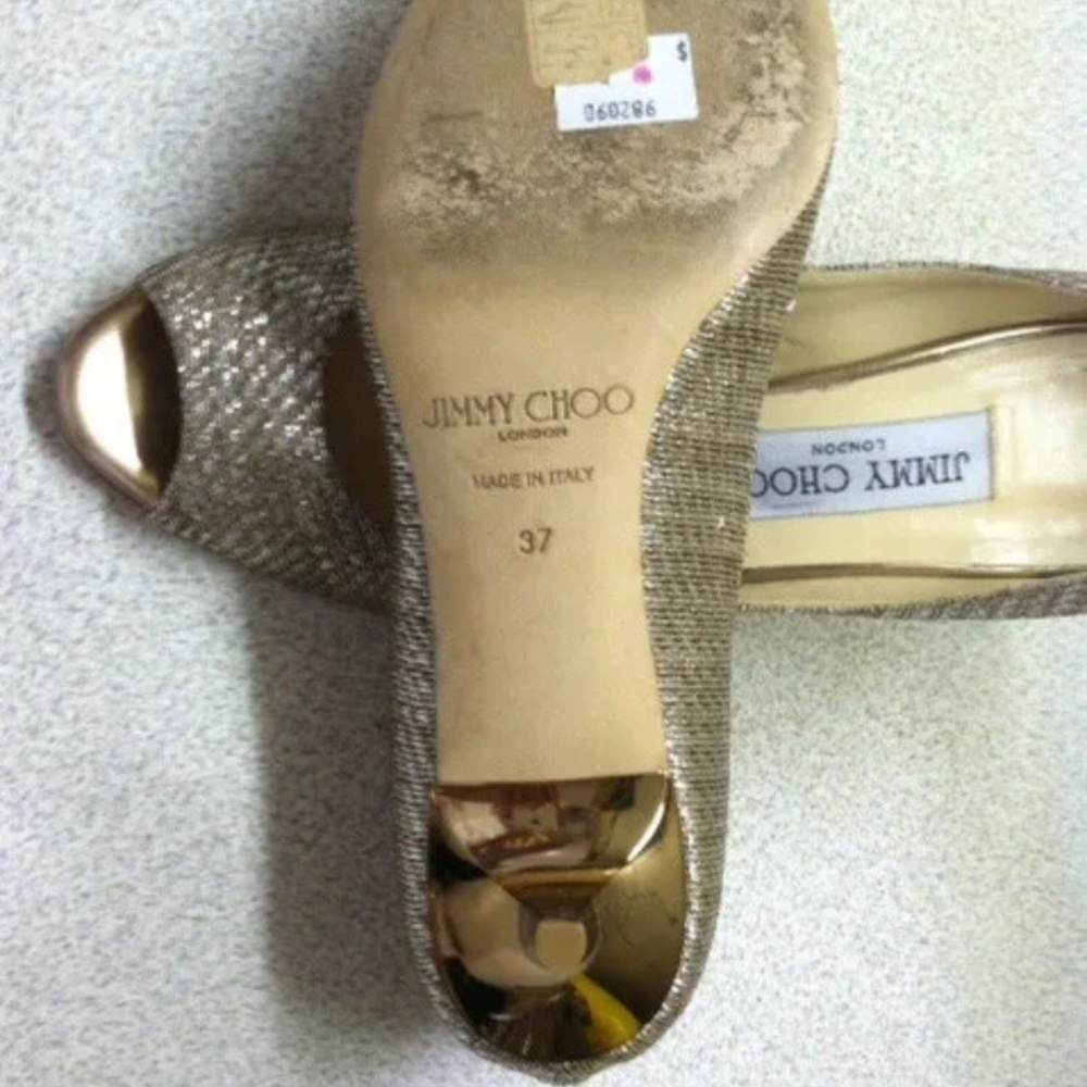 Jimmy Choo ISABEL Champagne Glitter Fabric Open Toe Pump Shoe $595 Sz 37 - Picture 3 of 4